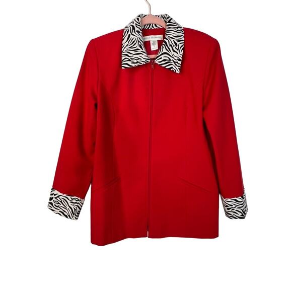 Vintage Jessica Holbrook Red Zebra Print Collar Zip Up Lined Jacket Blazer 12